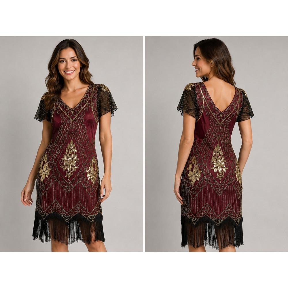 PrettyGuide Burgundy Gold Sequin Flapper Dress 1920s Gatsby Fringe XL Wine Red